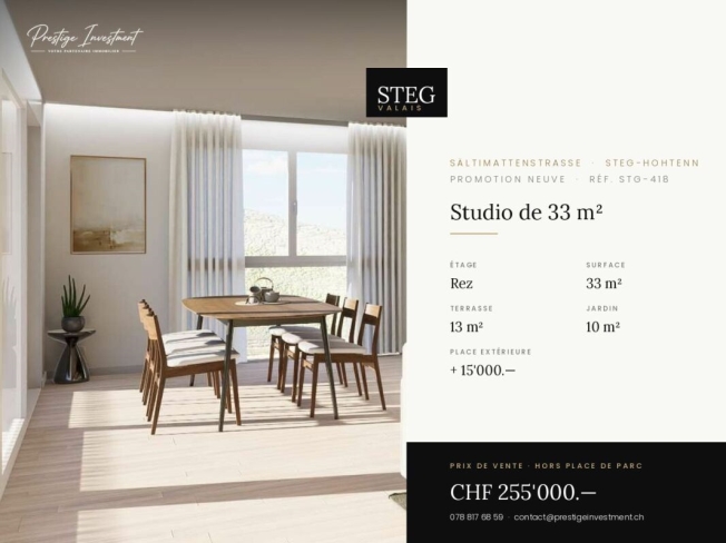 STEGref418 - Zimmer 1,5 (Studio) · Grundfläche 33 m² · Balkon 13 m² · Garten 10 m² · Erdgeschoss · Lieferung April 2028 · Preis CHF 255.000. -  Bild 1