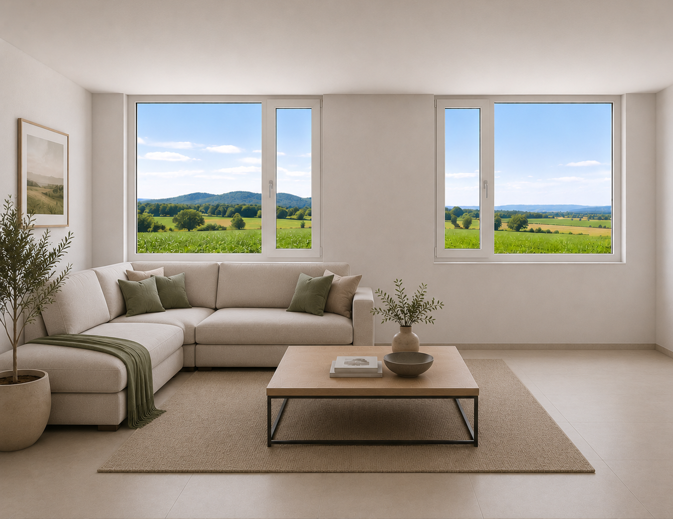 Neue Wohnung mit schönem Garten-Sitzplatz! - Sicht von Wohnen ins Grüne (Animation)