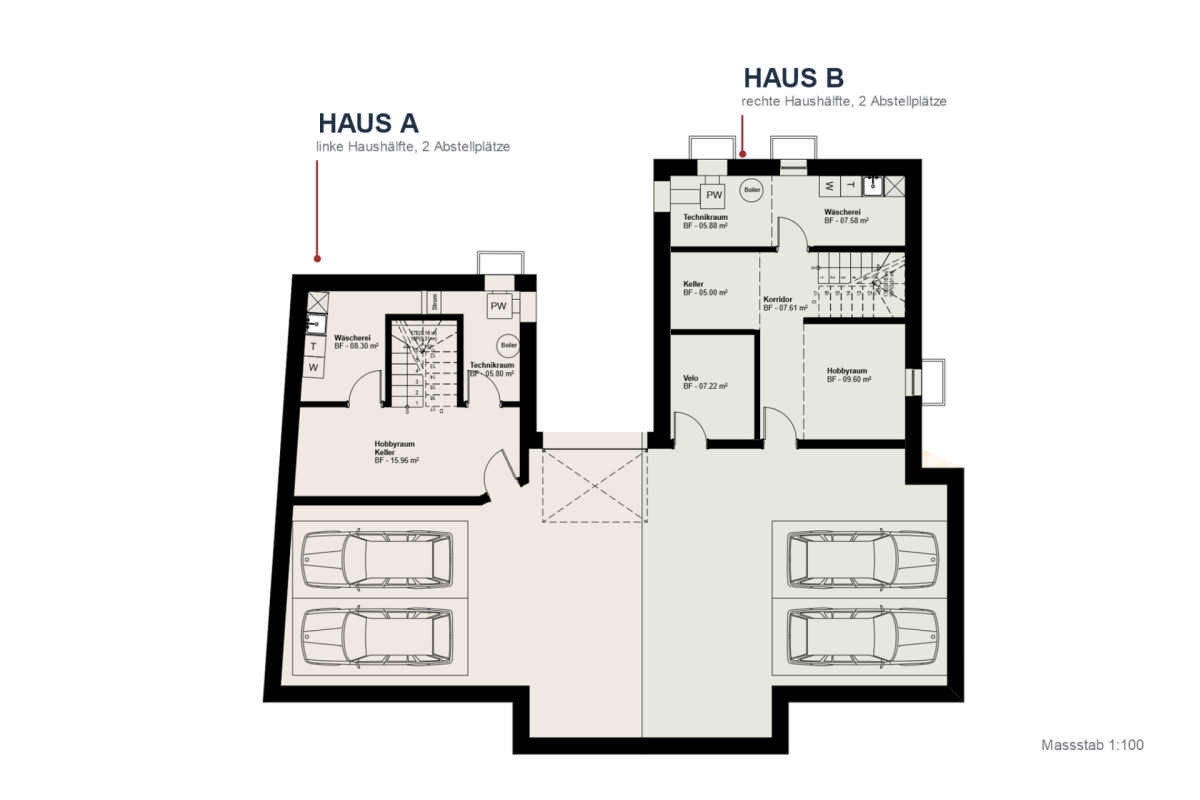 Neubau mit Tiefgarage in Hunzenschwil - Grundriss Untergeschoss - Haus A und B