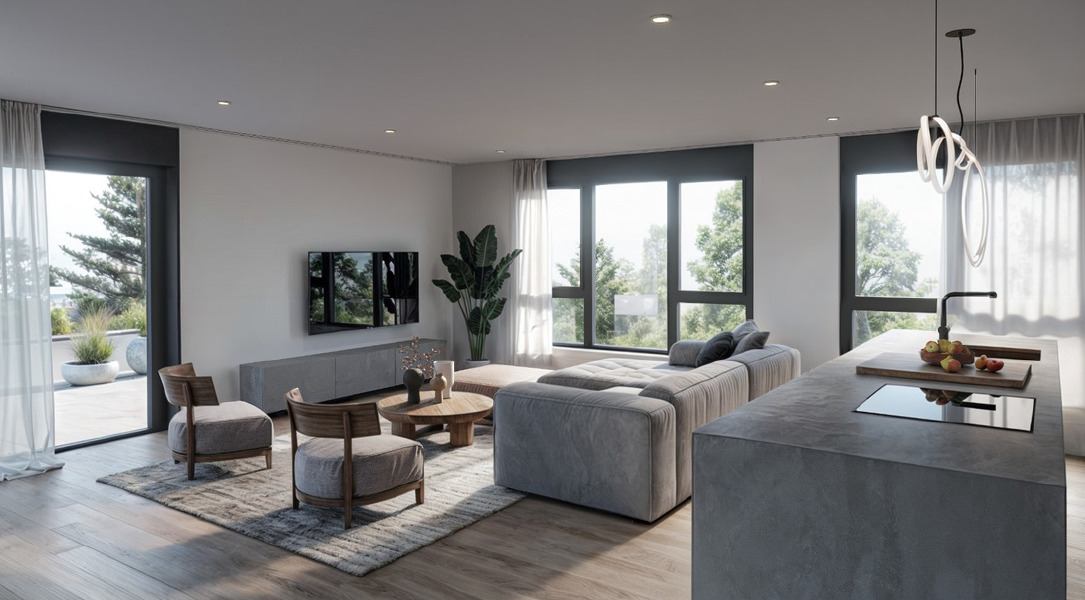 Neubauprojekt Cube: Exklusive Attikawohnung - Wohnzimmer Attika Visualisierung