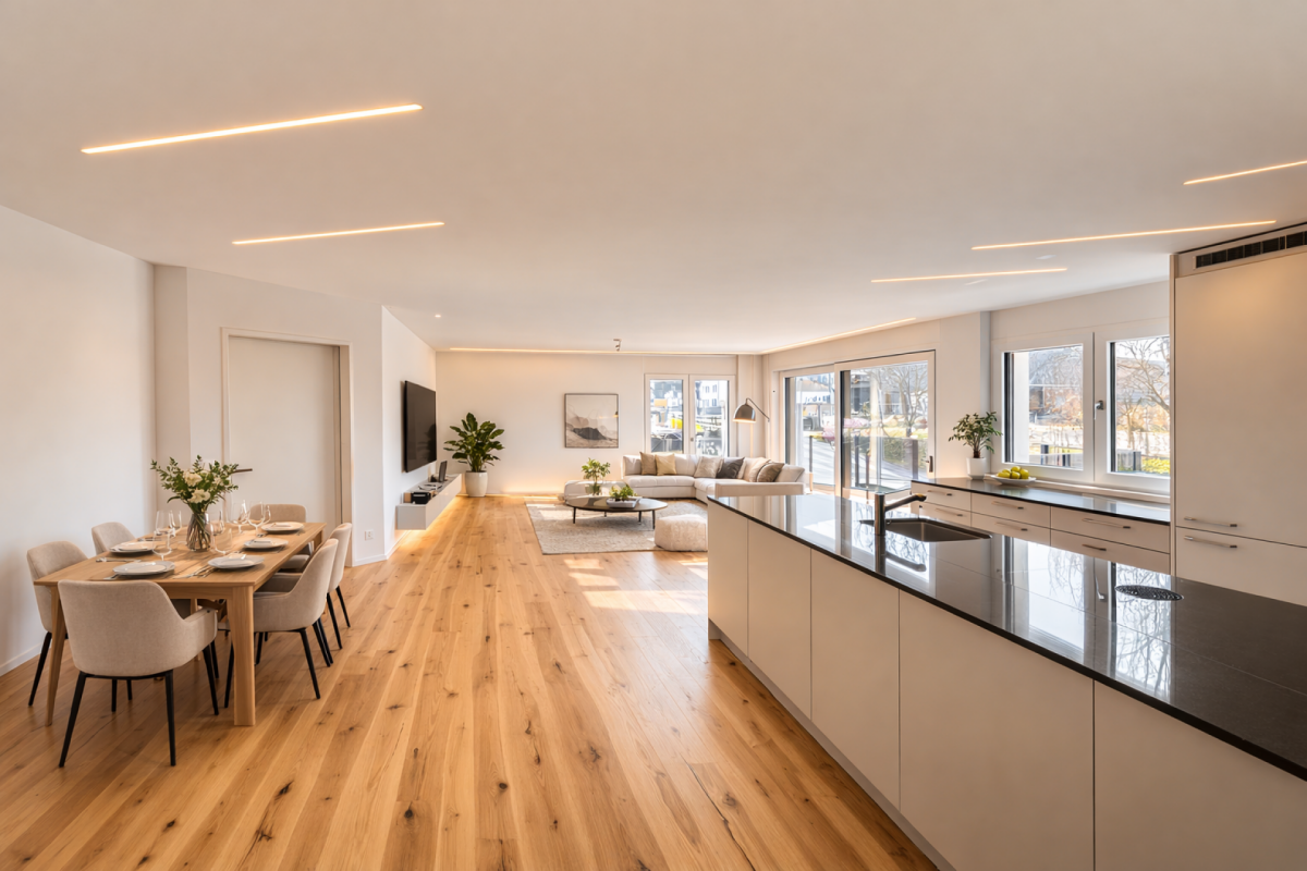 Moderne 3.5-Zimmer-Neubauwohnung mit stilvoller LED-Ambientebeleuchtung und sonnigem Balkon - Bild 1