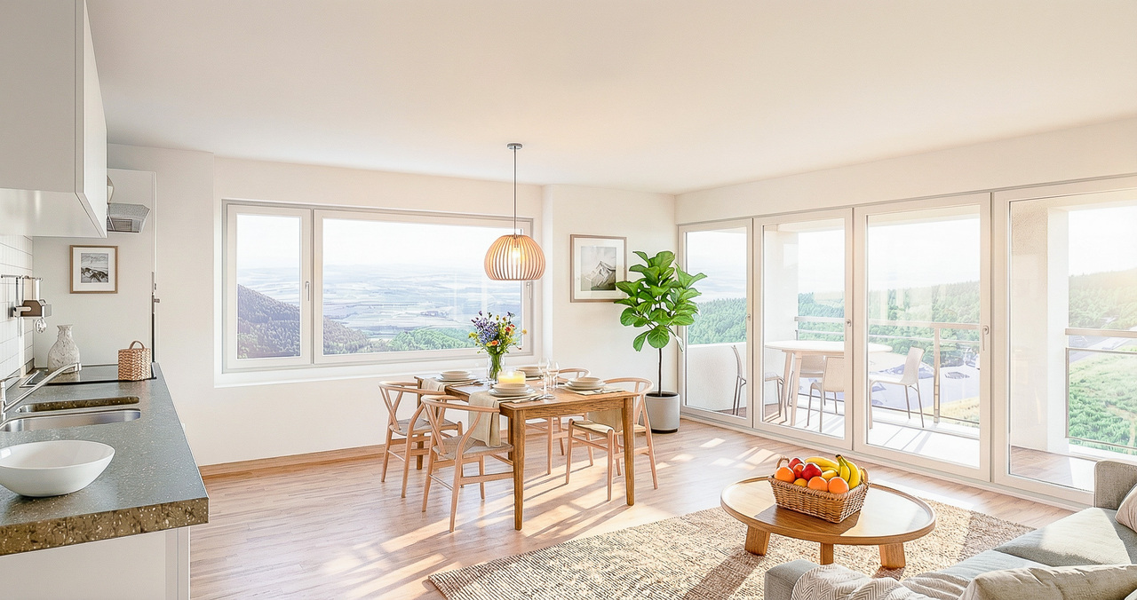 Appt PPE neuf de 2.5 pièces Vivre au soleil, au-dessus du brouillard - Vue intérieure de la pièce à vivre (image de synthèse non-contractuelle)