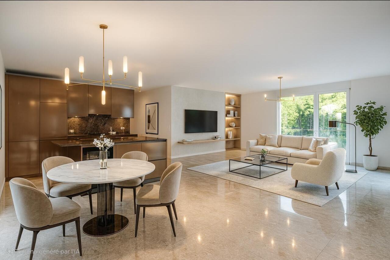 Appartement d'exception entre nature et élégance contemporaine - Proposition d'aménagement du séjour avec division de l'espace pour la création d'une chambre