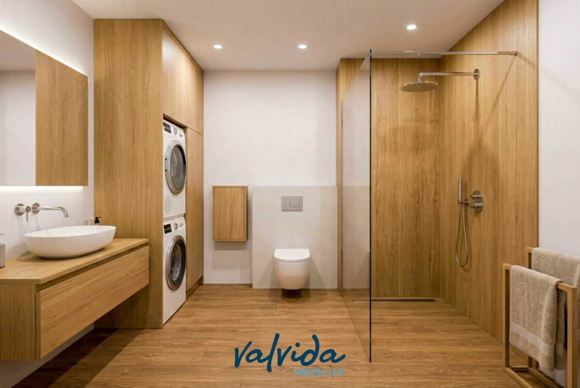 Exklusives Wohneigentum: 3.5-Zimmer-Wohnung im nachhaltigen Holzhaus - Badezimmer-Visualisierung