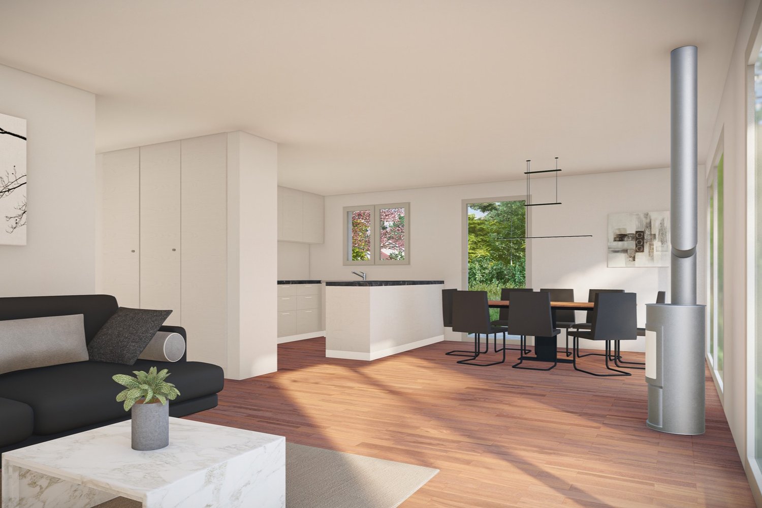 Neubau 5-Zimmer Einfamilienhaus angrenzend an die Landwirtschaftszone - Visualisierung wohnzimmer