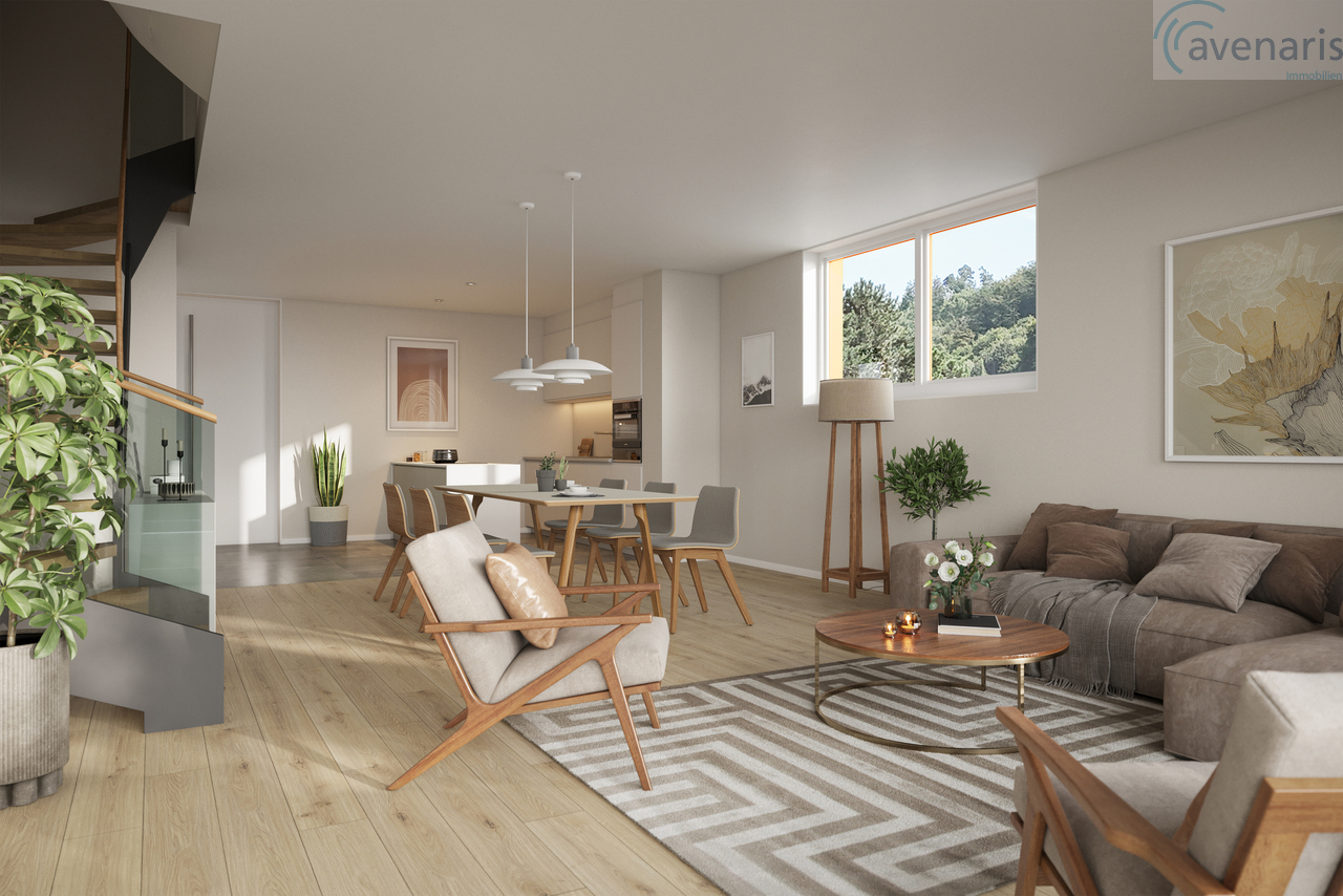 Nur noch ein Haus von drei bewilligten Premium-Reihenhäusern frei - Wohn- und Essbereich Visualisierung / Living and dining area visualization