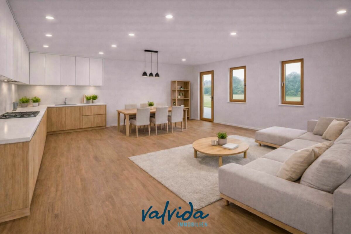 Exklusives Wohneigentum: 3.5-Zimmer-Wohnung im nachhaltigen Holzhaus - Wohnzimmer-Visualisierung