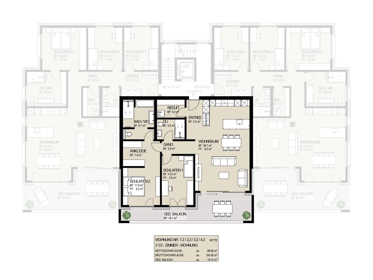 Modernes Wohnen an zentraler Lage - Grundriss 3.5-Zi. Wohnung