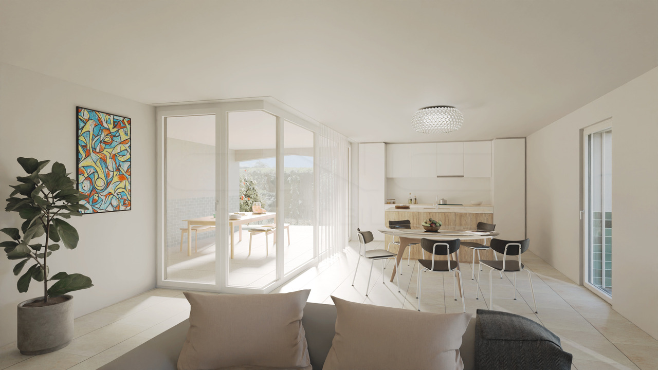 Au coeur de Corminboeuf, appartements NEUFS de 4.5 pièces - Vue séjour-cuisine LOT 3 - Image non contractuelle