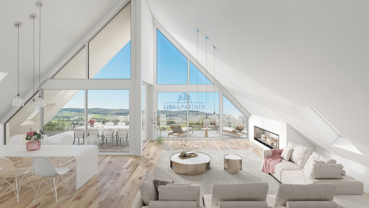 The View - Architektur, Raum & Aussicht in Perfektion - 5.5-Attika-Whg - Wohn- Essbereich / Living and dining area