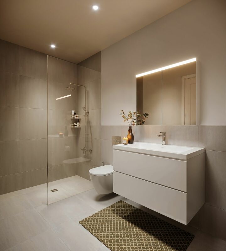 privater Rückzugsort «Am Palmenweg»: Doppeleinfamilienhäuser mit Garten - Hochwertiger Neubau mit attraktiven Räumen (Mustervisualisierung: Badezimmer einer Wohnung mit bodenebener Dusche, WC, Lavabo)