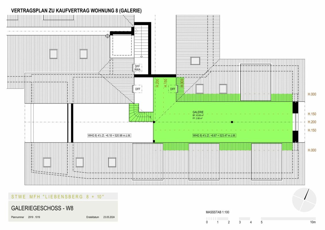 Neubau 4.5-Zimmer-Eigentumswohnung (DG mit Galerie, Nr. 8) im ländlichen Liebensberg (Gemeinde Wiesendangen) - Galeriefläche zur Wohnung ist grün markiert