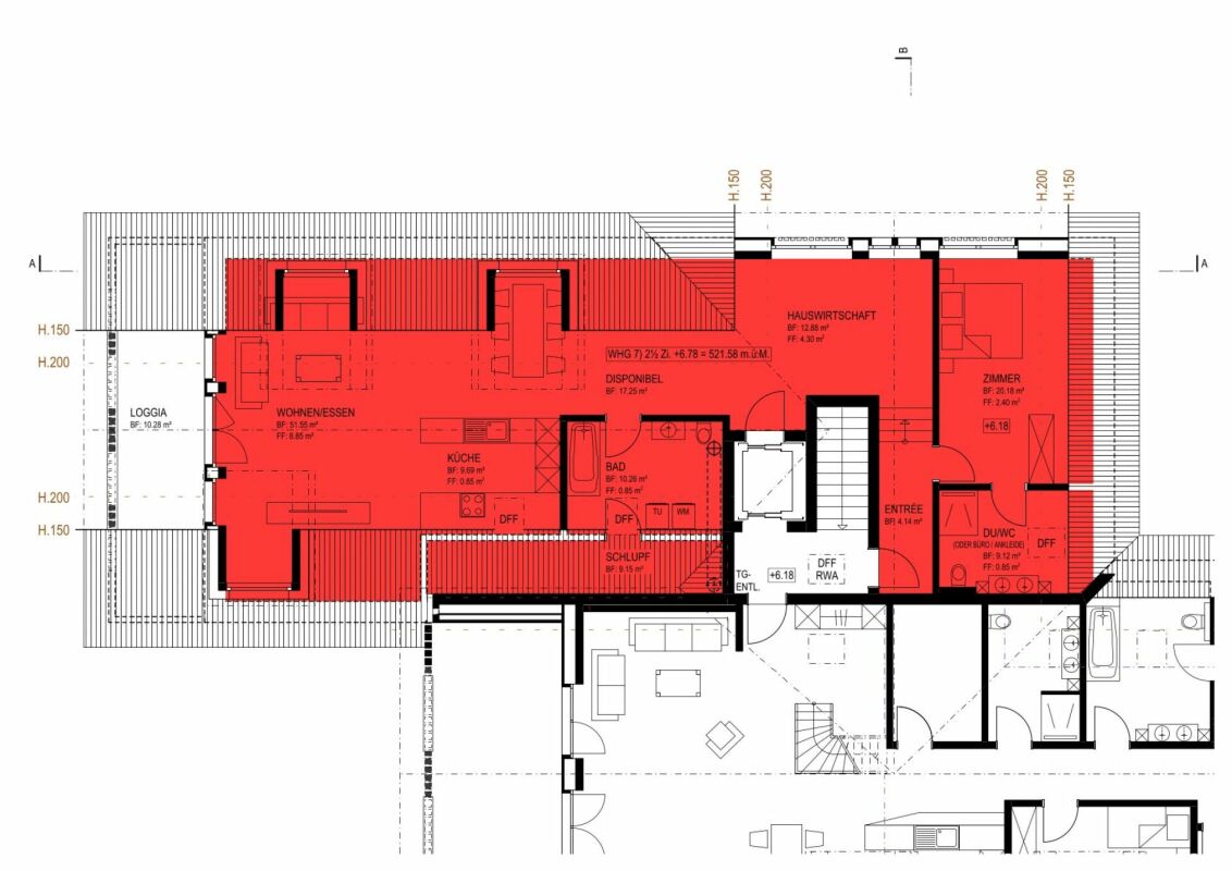 Neubau: 2.5-Zimmer-Loftwohnung (DG, Nr. 7) im ländlichen Liebensberg (Gemeinde Wiesendangen) - Grundriss Wohnung rot markiert