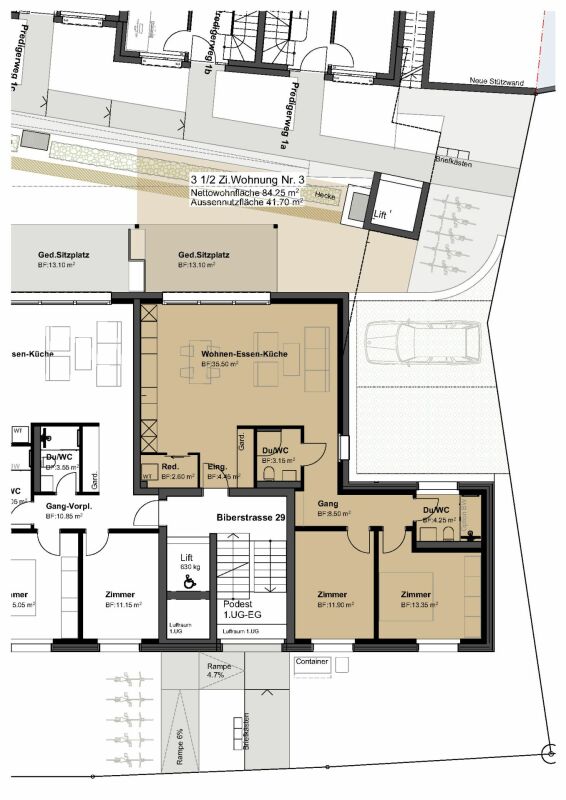 privater Rückzugsort «Am Palmenweg»: Eigentumswohnungen mit Balkon, Terrasse oder Garten - 3,5 Zimmer-Eigentumswohnung im Erdgeschoss mit 84.25 m2 Wohnfläche plus 41.7 m2 Aussennutzfläche einschliesslich gedecktem Sitzplatz (13.1 m2).
