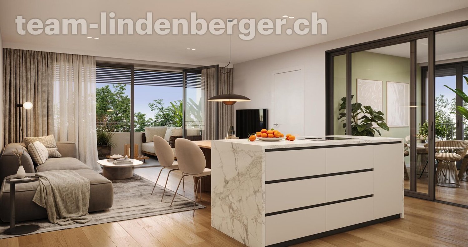 3½ Zi.-Gartenwohnung (W2) an Toplage - nur noch wenige verfügbar! - Wohnbereich (offener Küche mit Kochinsel), Balkon und Wintergarten