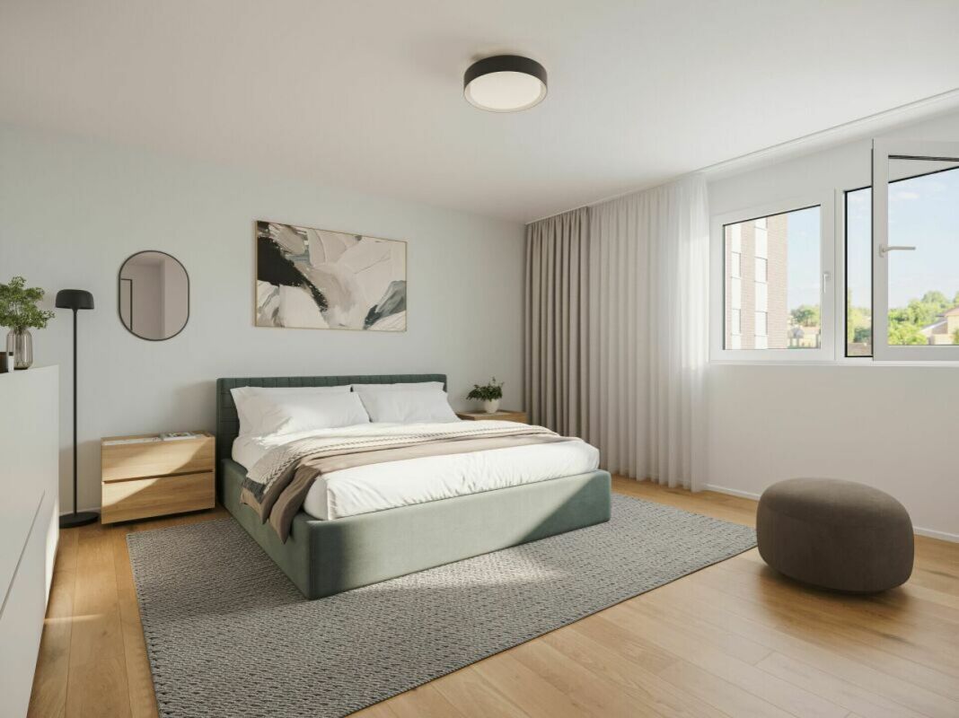 NEUBAU: NACHHALTIG, WERTBESTÄNDIG und HOCHWERTIG WOHNEN - Komfortables Schlafzimmer mit gradliniger Architektur