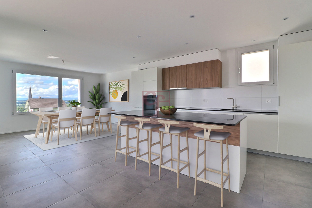 Arconciel - Magnifique appartement neuf de 4.5 pcs - Simulation d'ameublement de la cuisine et du coin à manger