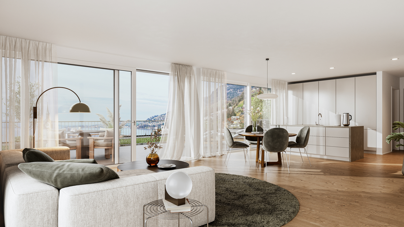 CASA RIVIERA IN VITZNAU ELEGANTE 4.5 ZIMMER ERDGESCHOSSWOHNUNGEN IM D - Wohnraum