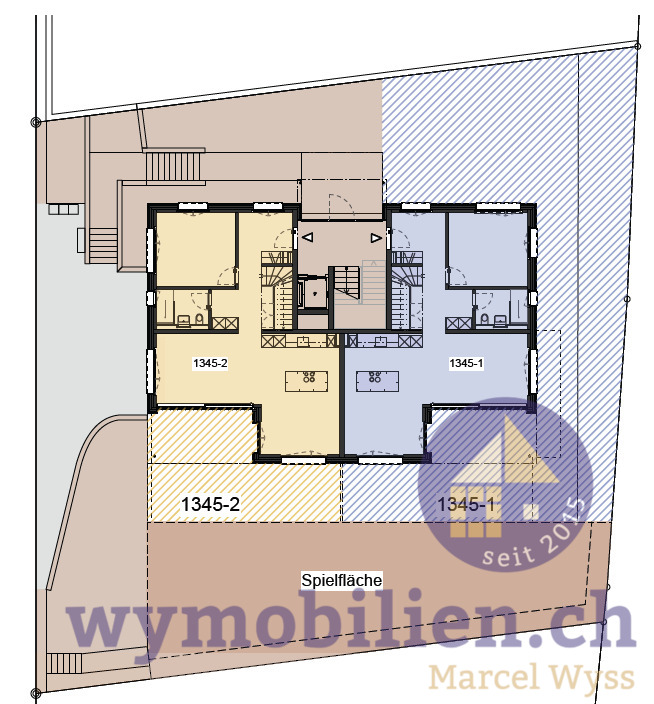 Neubau Kirchberg: 6 Zimmer-Maisonette mit 226m2 Nutzfläche - priv. Gartenbereich gelb schraffiert (1345-2)