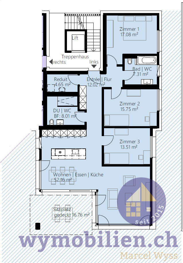 Wohntraum (130.5m2) mit privatem Garten (112m2) - Einzug Sommer 2026! - Grundriss und priv. Gartenbereich (schraffiert)