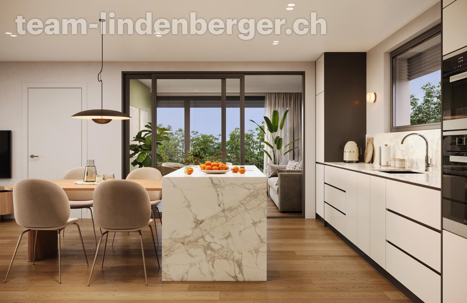 2½ Zi.-Wohnung 1.OG (W6) an Toplage - nur noch wenige verfügbar! - Moderne Küche mit Kochinsel (im Hintergrund Wintergarten)