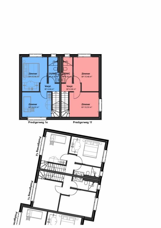 privater Rückzugsort «Am Palmenweg»: Doppeleinfamilienhäuser mit Garten - Obergeschoss mit zwei Zimmern plus Badezimmer mit Dusche, Lavabo, WC sowie der Gang