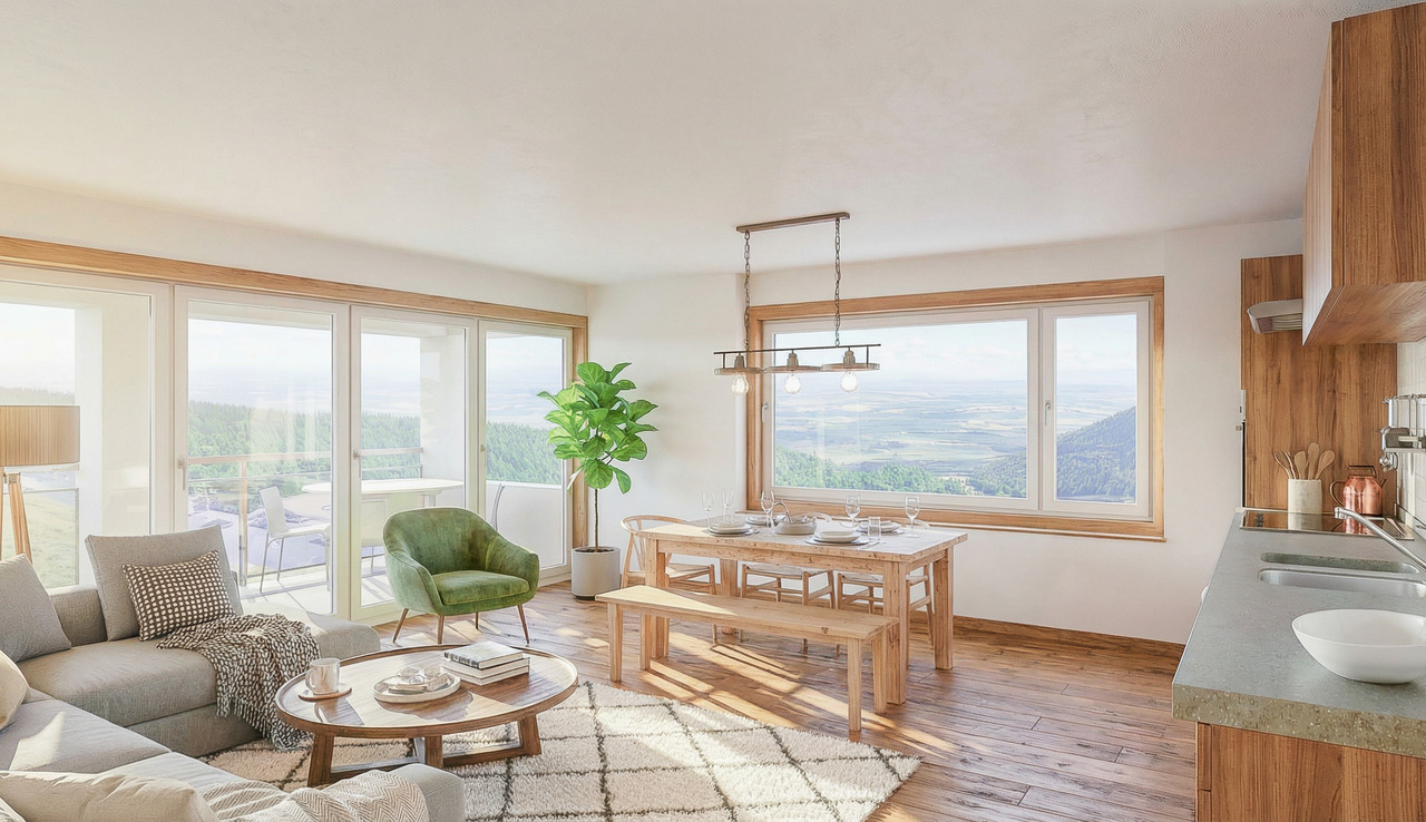 Appt PPE neuf de 3.5 pièces Vivre au soleil, au-dessus du brouillard - Vue intérieure de la pièce à vivre (image de synthèse non-contractuelle)