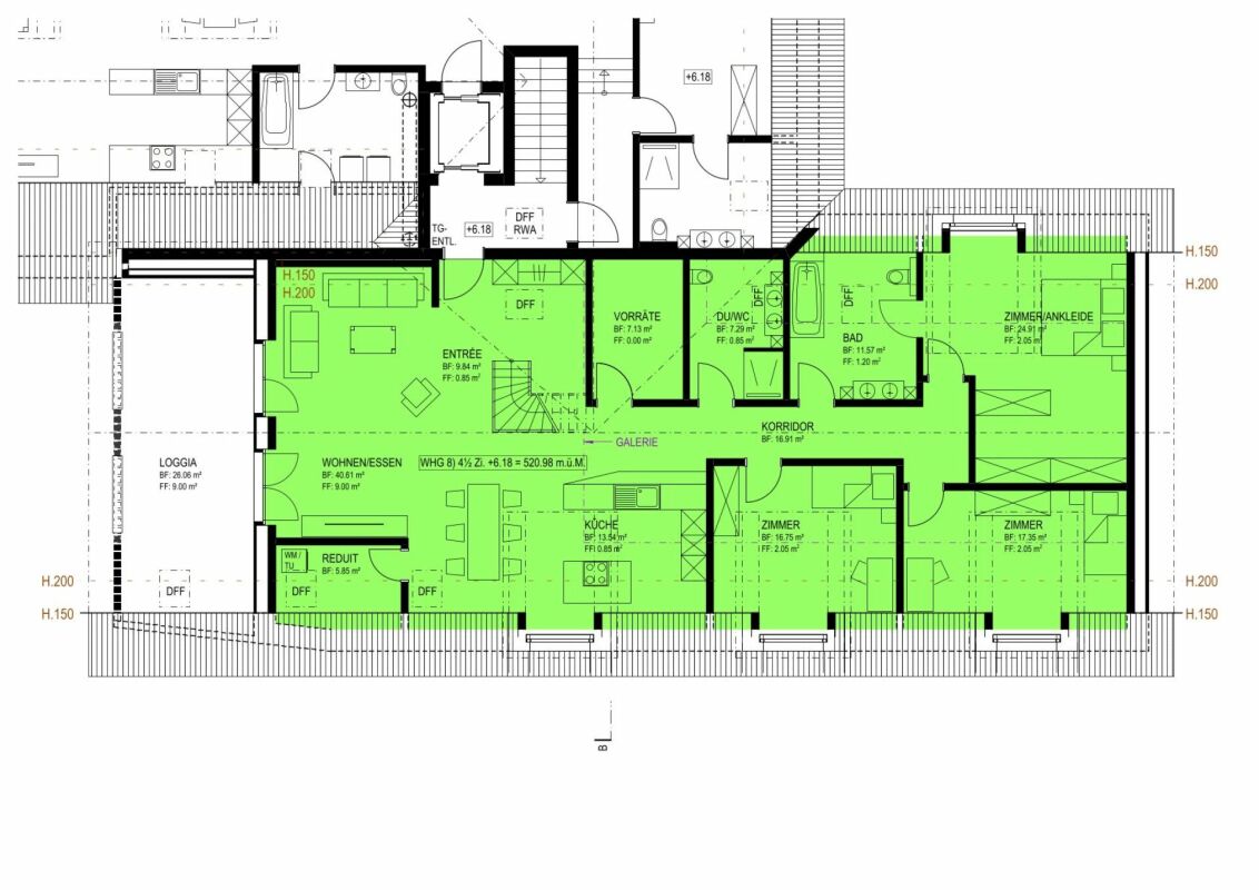Neubau 4.5-Zimmer-Eigentumswohnung (DG mit Galerie, Nr. 8) im ländlichen Liebensberg (Gemeinde Wiesendangen) - Grundriss Wohnung ist grün markiert