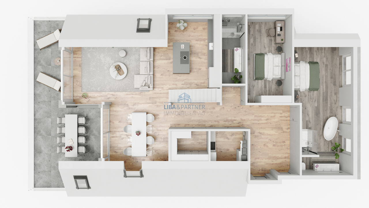 The View - Architektur, Raum & Aussicht in Perfektion - 5.5-Attika-Whg - Möblierte 3D-Grundrissdarstellung Variante 1 / Furnished 3D floor plan variant 1