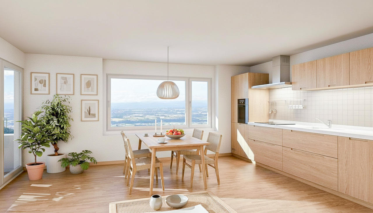 Appt PPE neuf de 3.5 pièces Vivre au soleil, au-dessus du brouillard - Vue intérieure de la pièce à vivre (image de synthèse non-contractuelle)