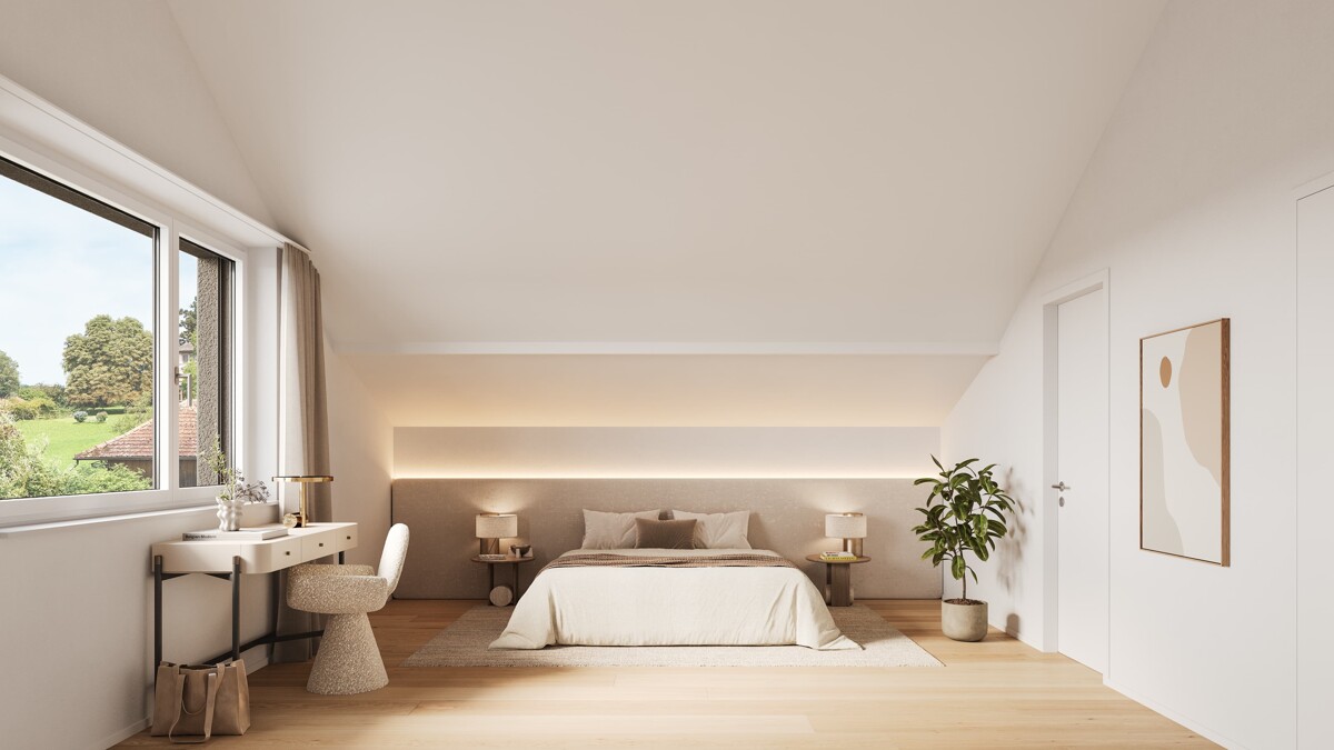 Neubauprojekt AUREUM - Stilvolle 2.5-Zimmer-Wohnung in Winkel - Visualisierung Schlafzimmer