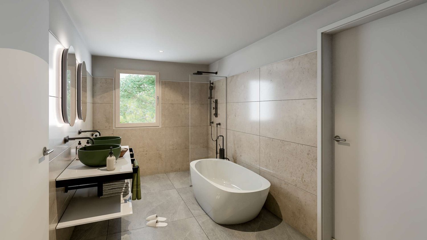 Neubau 4.5 Zimmer-Doppeleinfamilienhaus in Wallisellen mit aussergewöhnlicher Architektur - Badezimmer,  Obergeschoss