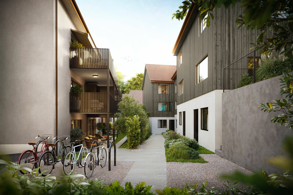 privater Rückzugsort «Am Palmenweg»: Doppeleinfamilienhäuser mit Garten - Zugang zu den Doppel-Einfamilienhäusern via Predigerweg. Lift zur Tiefgarage.