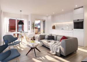 3D-Rendering-Neubauprojekt-Wohnzimmer-mit-Küche-in-Zürich