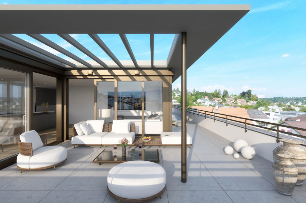 Exklusives Wohnen in Oberwil BL - Attikageschoss | Wohnung104 | Dachterrasse / Pergolasitzplatz