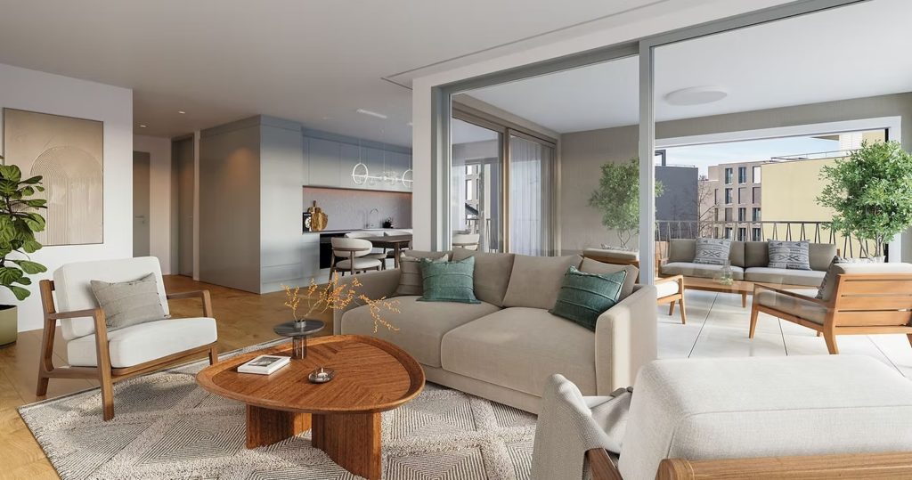 Neubau BETPUR - Affoltern am Albis - Innenvisualisierung Wohnzimmer Balkon
