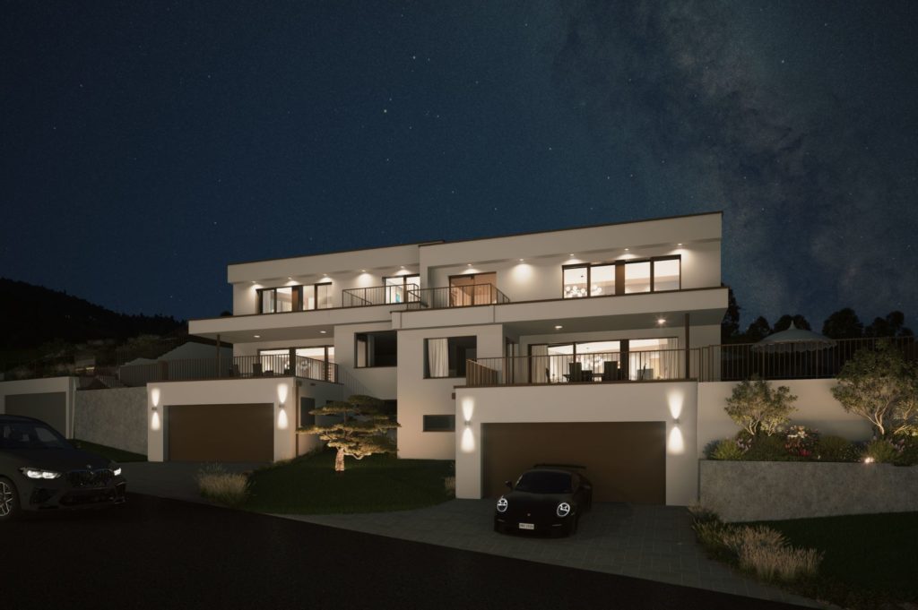 Exklusive Doppeleinfamilienhäuser mit Weitblick - Hauf Front bei Nacht neu