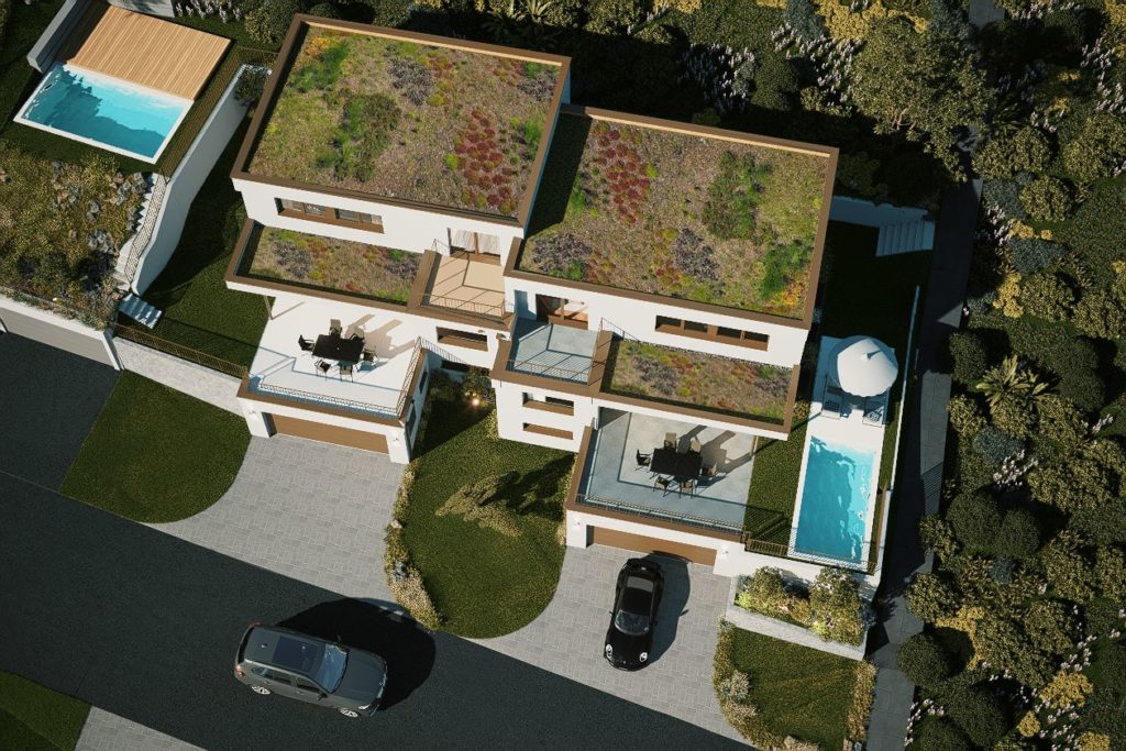 Exklusive Doppeleinfamilienhäuser mit Weitblick - Haus Vogelperspektive Dach-Begrünung