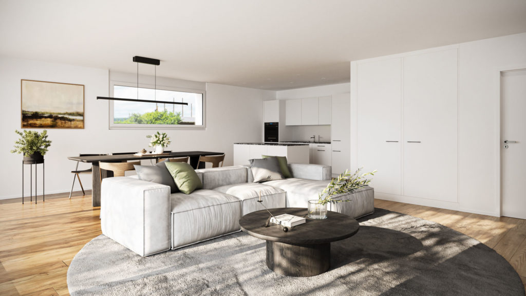 Attikawohnung im ländlichen Stadtteil von Thun - Visualisierung Wohnzimmer Ku?che Attika