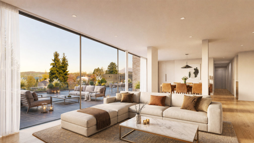 Seelinie 11 – Exklusives Wohnen mit Seeblick - seelinie11-st-niklausen-attika-wohnzimmer-terrasse
