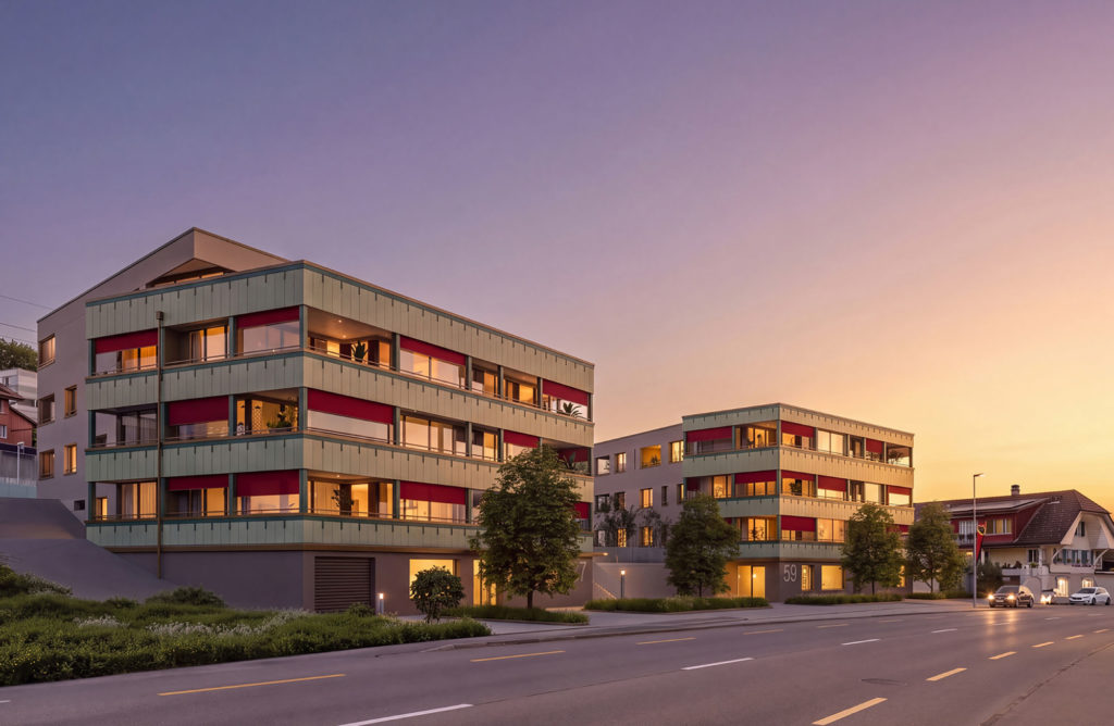 Eigentumswohnungen im Gwatt bei Thun - casa_immobilien_spiezstrasse57-und-59_gwatt_visu-aussen-01_abend