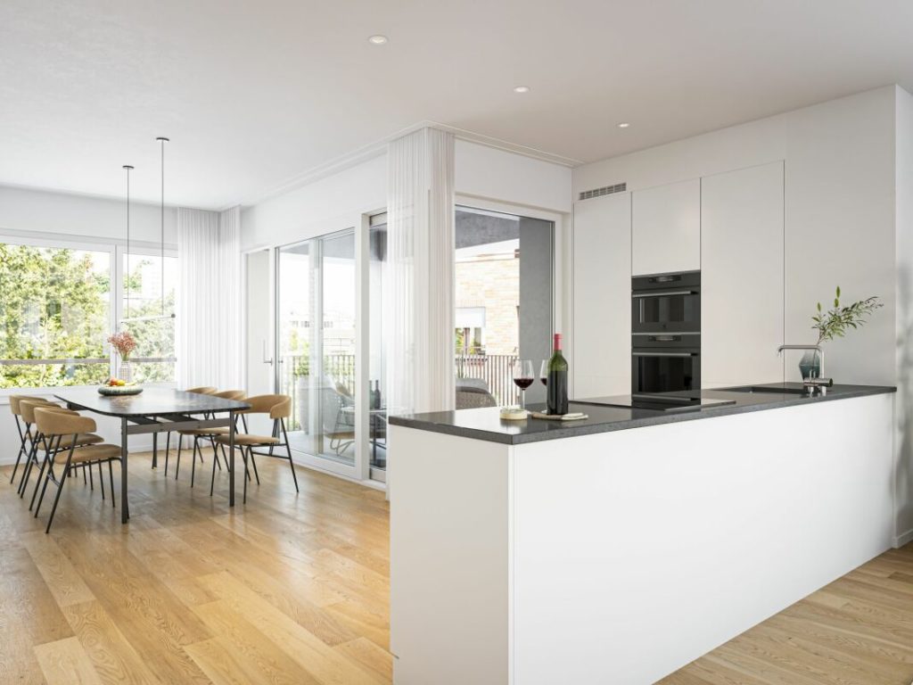 Empfangen Sie Ihre Gäste grosszügig - 4.5 Zimmer-Neubauwohnung im Lindenpark - Wohn- und Essbereich