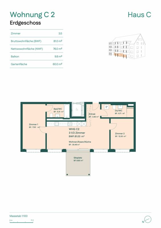 3.5-Zimmer-Gartenwohnung mit 60m2 Gartenfläche - Bild 6